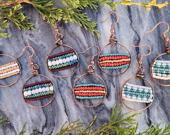Christmas Ornament Earrings, Handmade Holiday earrings, Seed Bead Earrings, copper earrings, wire-wrapped jewelry