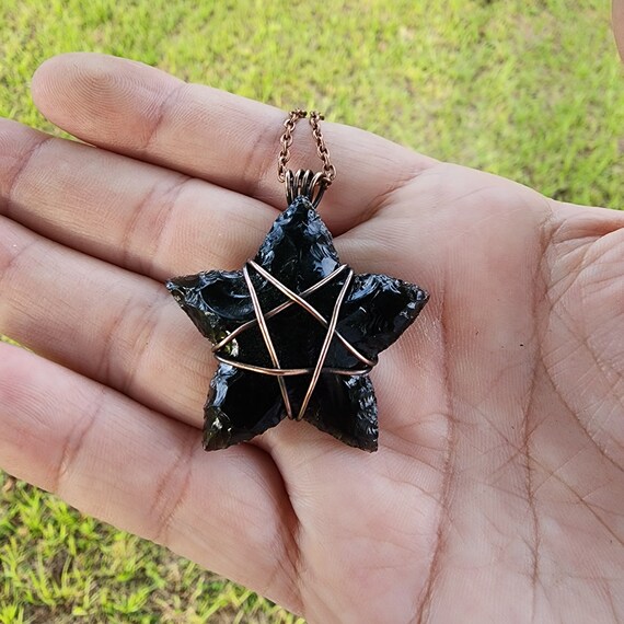 Obsidian Star Necklace Wire Wrapped Obsidian Necklace Copper