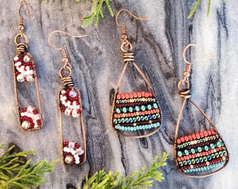 Christmas Earrings, Handmade Holiday Earrings, Copper Earrings, Wirewrap Earrings, beaded earrings