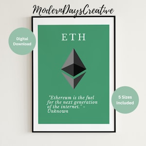 May include: A digital download of a printable poster featuring a green background with a black and grey Ethereum logo and the text "ETH". The quote "Ethereum is the fuel for the next generation of the internet." is printed below the logo. The text "5 Sizes Included" is in a circle at the bottom right corner of the poster.