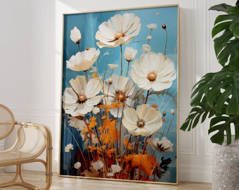 Daisy Watercolour Wildflowers Wall Print, White and Orange Floral Poster, Beautiful Autumn Flowers Home Decor, Bedroom Office Kitchen Prints