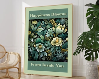 Happiness Blooms Flower Quote Print, Inspiring Positive Affirmations Wall Art, Retro Floral Home Decor, Botanical Housewarming Gifts For Her