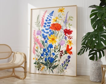 May include: A colorful floral print featuring a variety of flowers in shades of blue, red, yellow, orange, and pink. The flowers are arranged in a bouquet-like formation against a white background.