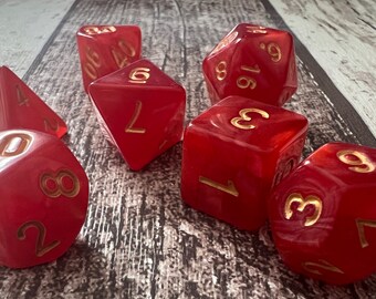 Red Marble Table-top Role Play Dice Set with Gold Numbers. Set of 7 Dice. Dungeons and Dragons. Warhammer. DnD. TTRPG. D20