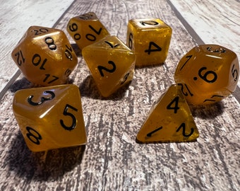 Gold sparkly gilttery Table-top Role Play Dice Set. Set of 7 Dice. RPG. TRPG. D&D. D20. Dungeons and Dragons. Warhammer.