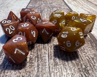 Gold Marble Table-top Role Play Dice with white Numbers. Lighter/Darker Gold. Dungeons and Dragons. Warhammer. DnD. D&D. RPG. TRPG. D20.