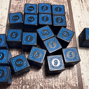 Unique antique design Blue and black D6 Dice. Dungeons and Dragons. Warhammer. DnD. RPG