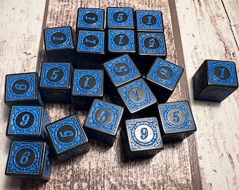 Unique antique design Blue and black D6 Dice. Dungeons and Dragons. Warhammer. DnD. RPG