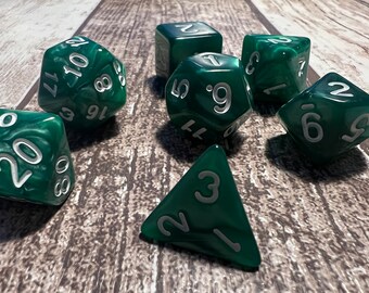 Jade Green Marble with White Numbers Table-top Role Play Dice Set. Set of 7 Dice. Dungeons and Dragons. Warhammer. RPG. TRPG. D20. D&D.