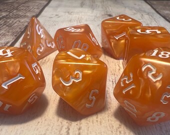 Orange Marble Dice Set, White Italic Numbers, Tabletop RPG