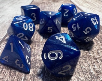 Blue Sparkly Role Play Dice Set with White Numbers. Set of 7 Dice. Dungeons and Dragons. Warhammer. DnD. D&D. D20. RPG. TRPG.