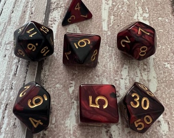 Red and black marbled Role Playing Dice Set of 7 Dice. Dungeons and Dragons. Warhammer. D20. TRPG. RPD. DnD.