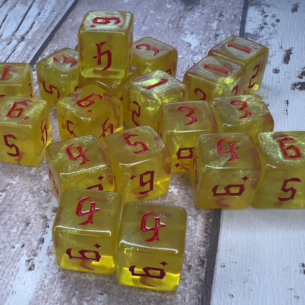 Yellow Sparkly D6 Dice. Set of 6 D6 Dice. Dungeons and Dragons. Warhammer. RPG. TRPG.