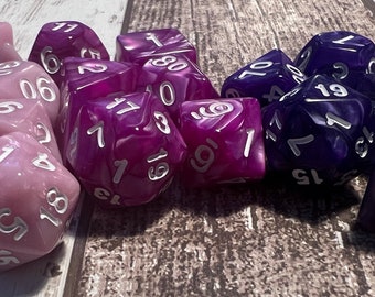 Lighter Purple/Darker Purple/Pink Table-top Role Play Dice Set. Set of 7 Dice. Dungeons and Dragons. Warhammer.  D&D. RPG. TRPG. D20.
