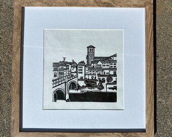 Puede incluir: Grabado en madera en blanco y negro de una ciudad con un puente y un edificio alto en el fondo.