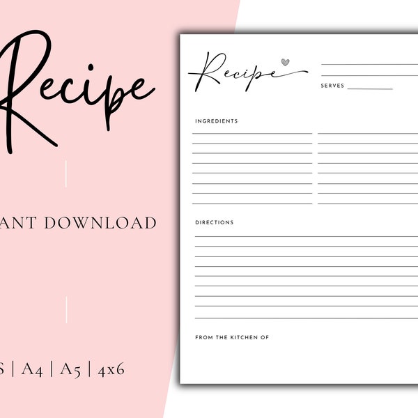 Recipe Cards Printable Recipe Page With Minimalist Design Fillable Recipe Page  Blank Recipe Page Instant Download Recipe Page