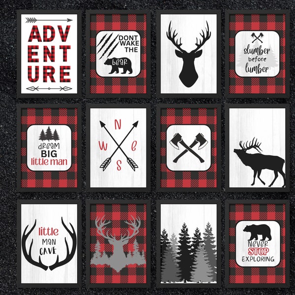 Lumberjack Wall Art Prints Baby Shower Decorations For Boy Mountain Nursery Decor Boys Bedroom Decor Buffalo Plaid Bear Nursery Wall Art