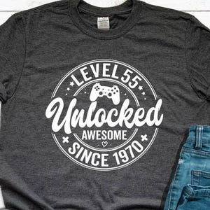 Level 55 Unlocked T-Shirt: 55th Birthday Gift for Gamers