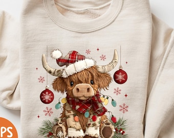 Christmas Cow Sweatshirt, Highland Cow tShirt, Women Cow Christmas Long sleeve, Cow Lover Gift, Farm Christmas Hoodie Gift, Christmas Shirt