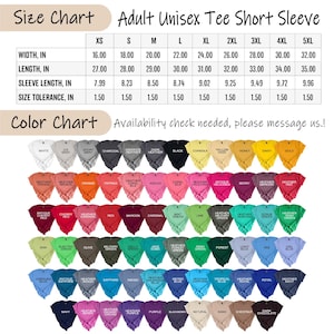 Pode incluir: Tabela de tamanhos para camisetas unissex de manga curta para adultos, com medidas em polegadas para largura, comprimento e comprimento da manga. Uma tabela de cores exibe v&aacute;rias cores de camisa, incluindo branco, preto e tons de vermelho, verde e azul. Texto: Verifique a disponibilidade, envie-nos uma mensagem!