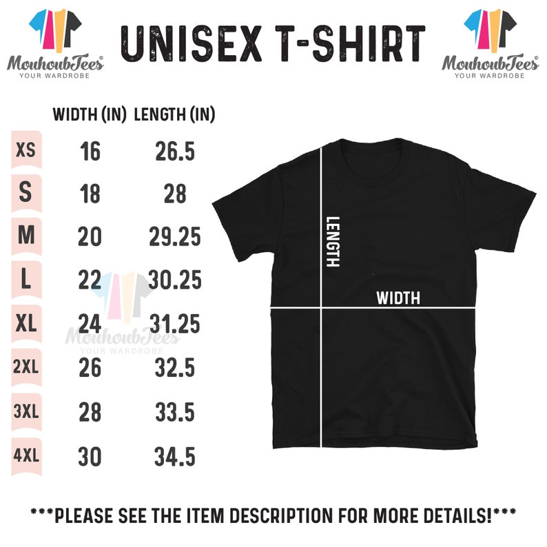 May include: Black unisex t-shirt with size chart. The chart displays width and length measurements in inches for sizes XS to 4XL. The text "UNISEX T-SHIRT" is at the top. The brand logo is in the top left and right corners.