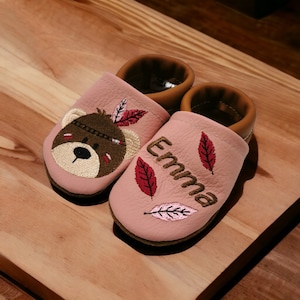 Organic crawling shoes leather slippers personalized Indian bear
