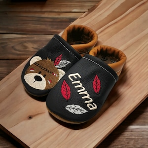 Organic crawling shoes leather slippers personalized Indian bear