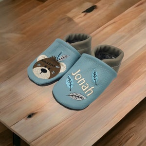Organic crawling shoes leather slippers personalized Indian bear