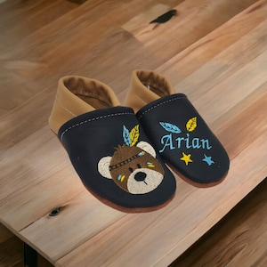 Organic crawling shoes leather slippers personalized Indian bear