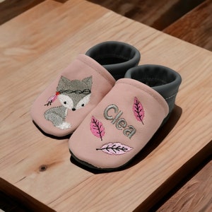 Organic crawling shoes leather slippers personalized fox gray