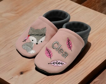Organic crawling shoes leather slippers personalized fox gray