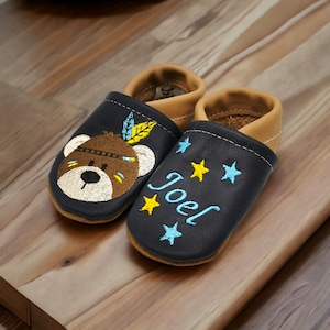 Organic crawling shoes leather slippers personalized Indian bear