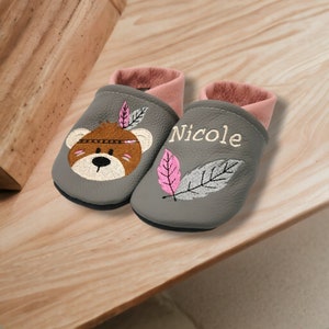 Organic crawling shoes leather slippers personalized Indian bear