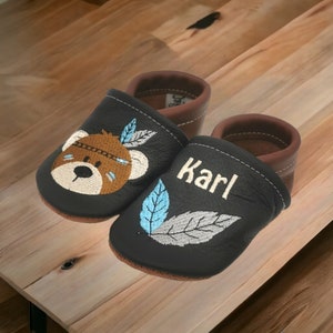 Organic crawling shoes leather slippers personalized Indian bear