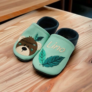 Organic crawling shoes leather slippers personalized Indian bear