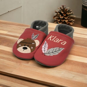 Organic crawling shoes leather slippers personalized Indian bear