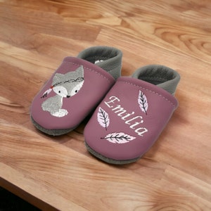 Organic crawling shoes leather slippers personalized fox grey