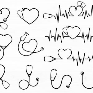 Könnte beinhalten: Ein Satz von Schwarzweiß-Vektorillustrationen mit einem Stethoskop in verschiedenen Positionen, darunter eine Herzform, eine Herzschlaglinie und eine traditionelle Stethoskopform.