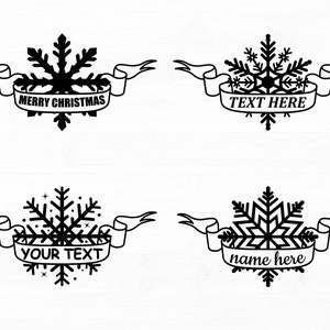 Pode incluir: Quatro desenhos de flocos de neve em preto e branco com uma faixa por baixo. As faixas dizem "Feliz Natal", "Texto aqui", "Seu texto" e "Nome aqui".