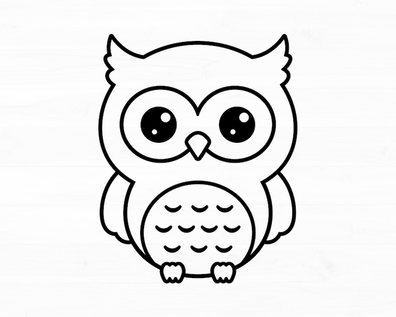 May include: A black and white cartoon owl illustration. The owl has large, round eyes with black pupils, a small beak, and a patterned chest. The owl is a simple, stylized design, perfect for stickers or crafts.
