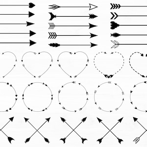 May include: A set of 30 black arrow graphics, including straight arrows, heart-shaped arrows, and circular arrows. The arrows are ideal for adding a touch of rustic charm to your designs.