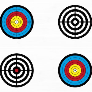 Puede incluir: Cuatro diseños de dianas diferentes. La primera diana tiene un anillo exterior azul, un anillo intermedio rojo, un anillo central amarillo y números negros 5, 6, 7, 8, 9, 10, 9, 8, 7, 6, 5 alrededor de los anillos. La segunda diana tiene un diseño en blanco y negro con un signo más en el centro. La tercera diana tiene un diseño en blanco y negro con un punto rojo en el centro. La cuarta diana tiene un anillo exterior azul, un anillo intermedio rojo, un anillo central amarillo y un signo más negro en el centro.