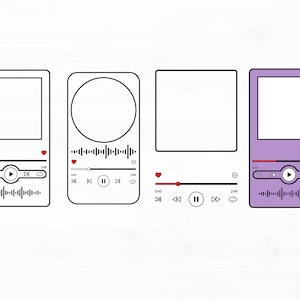 May include: Four different music player frames with a white background. Each frame has a play button, a pause button, a rewind button, a fast forward button, and a volume control. The frames are in different styles, including a square, a circle, and a rectangle. The frames are all black and white, except for the last frame, which is purple.