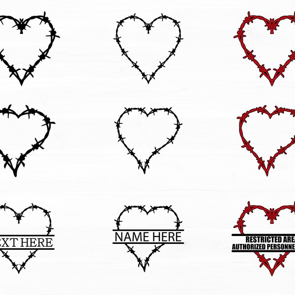 Barbed Wire Hearts Svg Bundle Barb Wire Heart Split Monogram Frame Valentine's Day Svg Design Fence Wire Clipart Love Cricut Design