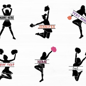 May include: A collection of six black silhouette designs of cheerleaders in various poses, holding pom-poms. Each design includes a horizontal text box with the words "NAME HERE", "JENNIFER", "TEXT HERE", "your text", "NAME", and "text".