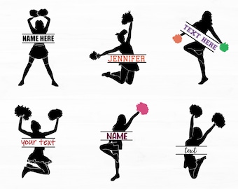 May include: A collection of six black silhouette designs of cheerleaders in various poses, holding pom-poms. Each design includes a horizontal text box with the words "NAME HERE", "JENNIFER", "TEXT HERE", "your text", "NAME", and "text".