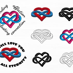 May include: A set of nine infinity heart designs in various colors, including red, blue, pink, and black. The designs feature an infinity symbol intertwined with a heart shape, symbolizing eternal love. Some designs include text such as "unending everlasting connection" and "I will love you for all eternity".