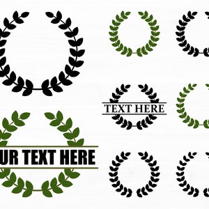 May include: Set of eight black and green laurel wreaths, some with the text "TEXT HERE" or "YOUR TEXT HERE" in a banner.