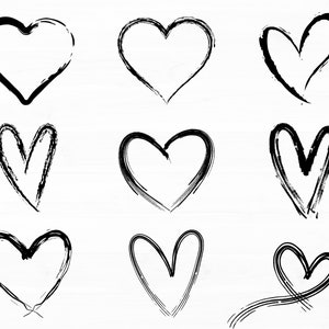 May include: Nine black hand-drawn hearts on a white background. The hearts are drawn with a thick black line and have a rough, textured look.