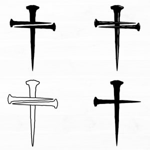 May include: Four black nail-shaped crosses, each with a double crossbar. The crosses are arranged in a grid pattern.